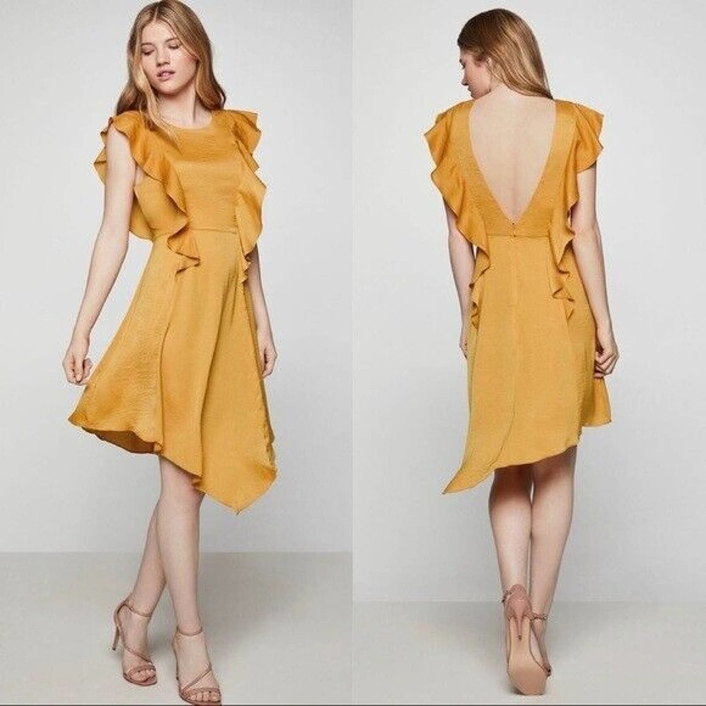 BCBGeneration Satin Ruffle Asymmetric Gold Satin Dress 6